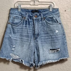 Sincerely Jules Blue Jean Shorts Sz 7 with Distressed Hem Thrashed Mid Length
